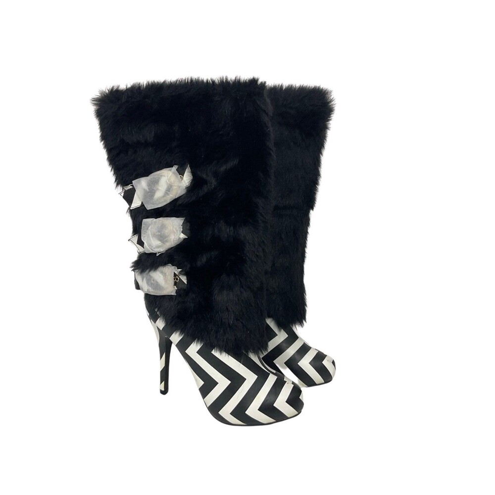 Ami Clubwear Faux Fur Striped Boots Size 8.5 Heel 4.75"H Cosplay Steampunk Y2K